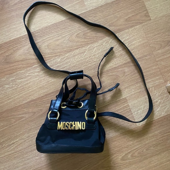 Moschino Handbags - Vintage Moschino redwall black bucket mini nylon leather letters bag